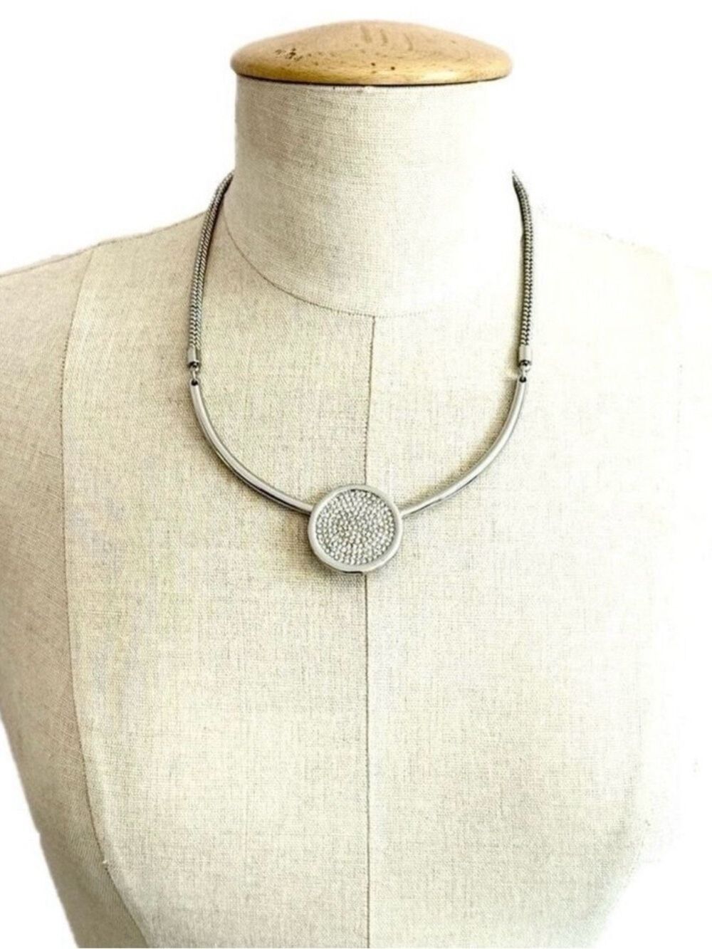 Chico's Silver Pave Crystal Medallion Collar Bib Necklace NWOT